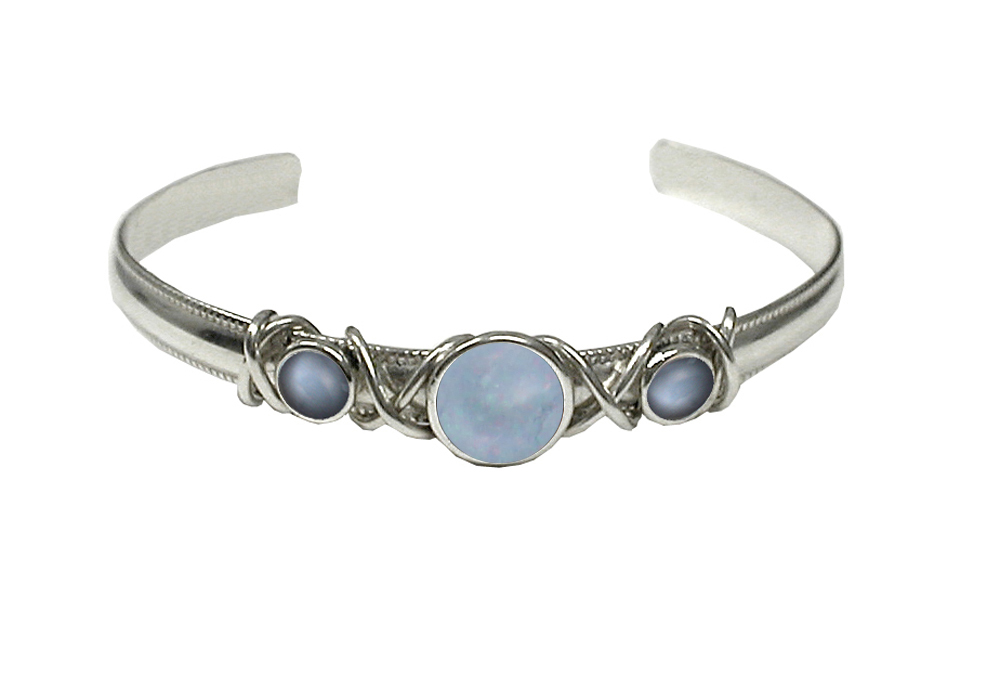 Sterling Silver Hand Made Cuff Bracelet With White And Grey Moonstones